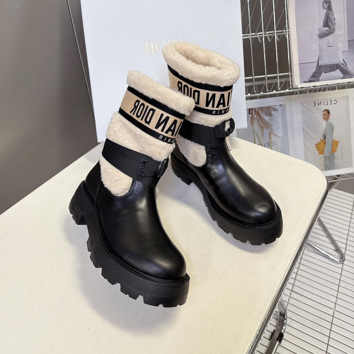 DIOR 25S D-MAJOR ANKLE BOOTS IN BLACK LAMBSKIN AND CREAM WHITE WOOL